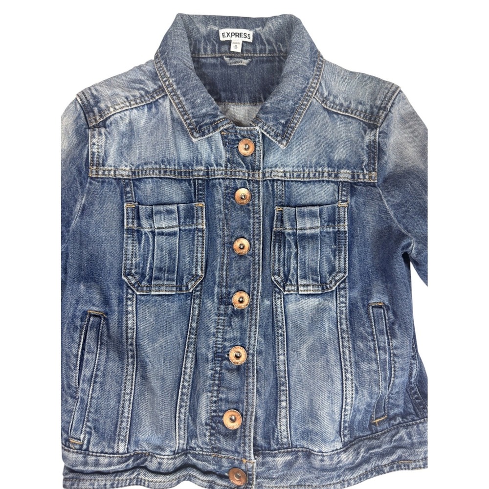 Express Womens Medium Wash Denim Jacket Blue Cropped Button Up Y2K Size XS - Picture 7 of 9